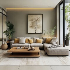 modern living room, minimalist interior design, large abstract wall art, grey sectional sofa, wooden coffee table, floor-to-ceiling windows, natural light, indoor plants, contemporary lighting, neutra