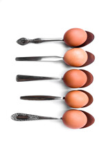 five brown eggs lying in spoons in a row on a white background. top view