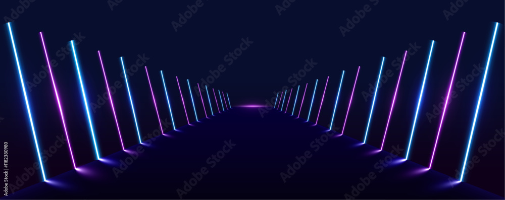 Poster electric neon lines in virtual reality tunnel. glowing neon lines create a vibrant spectrum in an ab