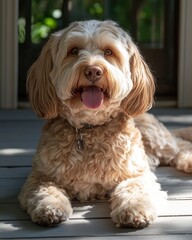 A fluffy dog lying on a deck, looking cheerful with its tongue out.
