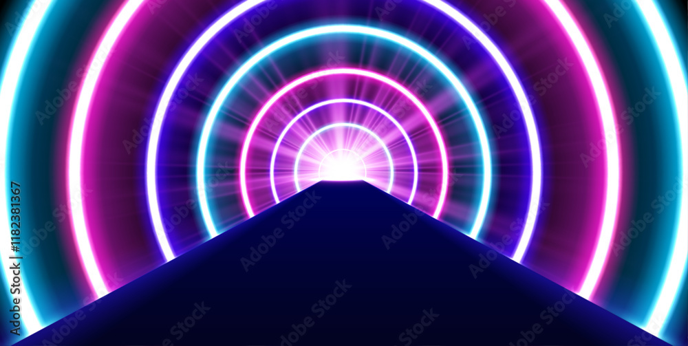 Poster Glowing neon lines create a vibrant spectrum in an abstract 3D tunnel. Pink and blue colors form a circular portal leading into the unknown. 