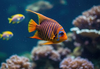 Vibrant orange angelfish, black vertical stripes, underwater scene, coral reef backdrop, vivid tropical fish, aquarium setting, deep blue water, marine life, exotic sea creature, colorful aquatic envi