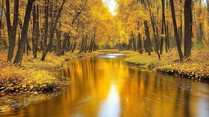 Fototapeta premium Golden Autumn River Landscape, Serene Fall Forest Scene