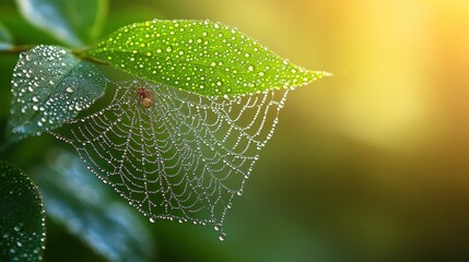 Dew-kissed spiderweb on a vibrant green leaf, glistening with morning dew drops.