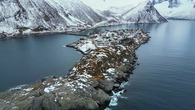 Aerial view of Husoy, a village located on an island in Norway