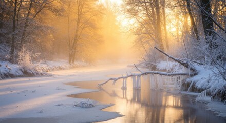 Winter forest, frozen stream, golden sunlight, misty atmosphere, snow-covered trees, bare branches, ethereal glow, peaceful landscape, serene nature, frosty morning, dreamy scenery, soft light, reflec