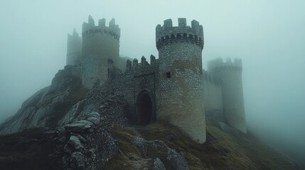 Medieval castle on a misty hilltop, with stone towers, arched windows, and a mysterious aura 