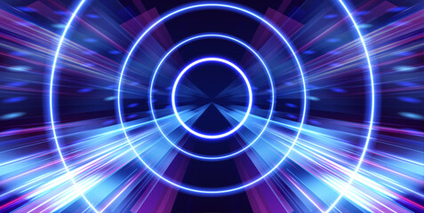 Neon lights in blue and pink create a mesmerizing tunnel. This futuristic graphic design captures the concept of movement and energy in a glowing, infinite space.