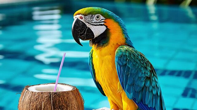 Brightly colored macaw stands by a coconut drink beside a sparkling blue pool, showcasing vibrant tropical life and relaxed summer vacation vibe