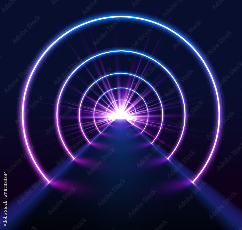 Poster the fluorescent ultraviolet lights and colorful laser lines form a geometric tunnel. this endless co