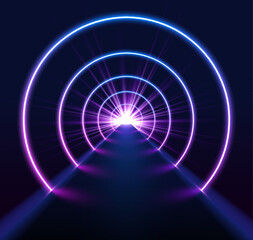 The fluorescent ultraviolet lights and colorful laser lines form a geometric tunnel. This endless corridor in blue and pink hues leads into a virtual realm of possibilities. 