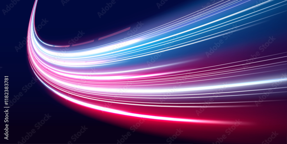 Aufkleber Neon beams speed down a dark road, creating a sense of endless movement. The vibrant colors and glowing lights emphasize the fast pace of modern technology. 