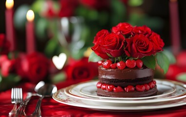 A beautifully decorated chocolate cake adorned with fresh red roses and cherries, set on an elegant table with romantic candles and lush floral arrangements.