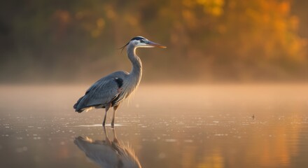 Majestic great blue heron, shallow water reflection, golden hour light, soft focus background, nature photography, wildlife portrait, serene wetland scene, muted earth tones, misty atmosphere, high de