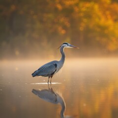 Naklejka premium Majestic great blue heron, shallow water reflection, golden hour light, soft focus background, nature photography, wildlife portrait, serene wetland scene, muted earth tones, misty atmosphere, high de