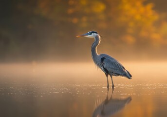 Naklejka premium Majestic great blue heron, shallow water reflection, golden hour light, soft focus background, nature photography, wildlife portrait, serene wetland scene, muted earth tones, misty atmosphere, high de