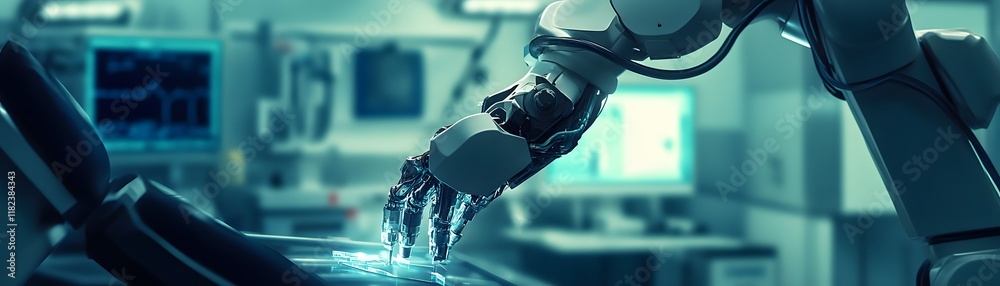 Poster a close-up view of a robotic hand interacting with a futuristic interface, showcasing advanced robot
