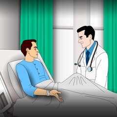 A doctor is leaning over a hospital bed, speaking with a patient who is sitting up. The room is softly lit, and green curtains frame a window in the background.