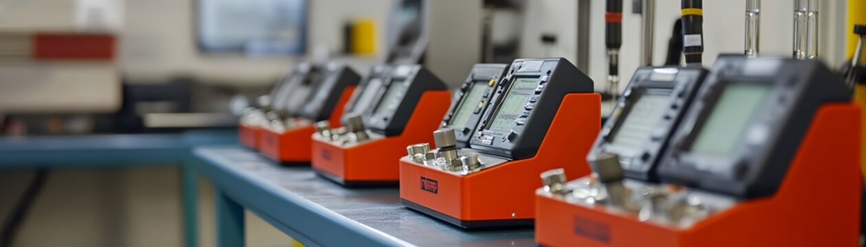 A close-up view of precision measuring instruments lined up on a workbench in a modern industrial setting, showcasing advanced technology and tools used in manufacturing and testin
