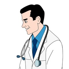 A cartoon-style doctor is depicted in a white coat with a stethoscope around his neck, looking to the side. The illustration uses bold lines and minimal color, emphasizing the professional appearance.