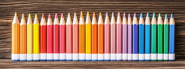 Obraz premium Vibrant Rainbow Colored Pencils on Wood Background
