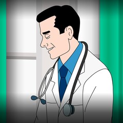 A smiling doctor with a stethoscope around his neck appears relaxed and professional. He is dressed in a white coat and blue shirt, standing in a clinical setting.