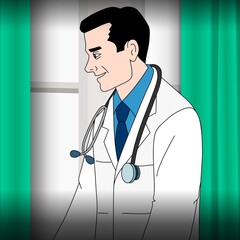 A doctor wearing a white coat and a stethoscope around the neck appears to be smiling, suggesting a pleasant interaction. 