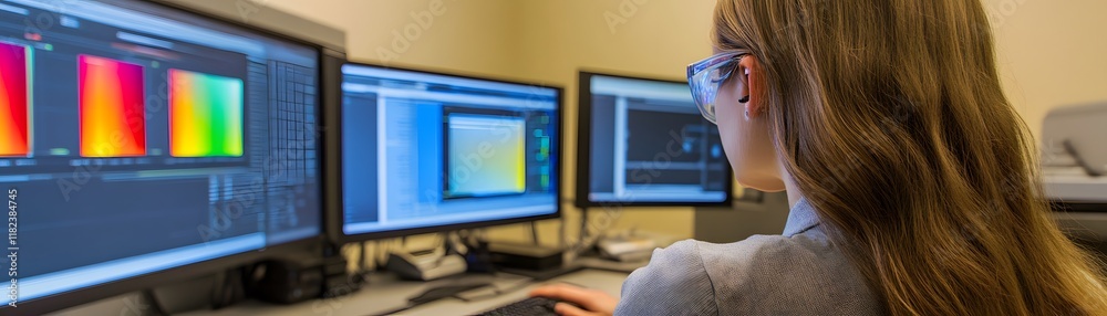 Poster a focused individual working on multiple computer screens in a modern digital workspace, engaged in 