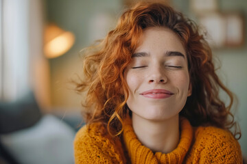 Young woman with curly red hair smiling blissfully indoors