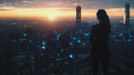 Abstract business woman stands on the peak of success amid tall, innovative Smart city and graphs with statistics to analyze business potential and predict future developments in company growth.