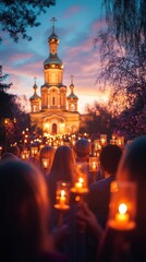 Orthodox Christian candlelight procession at sunset leading to a golden-domed church, symbolizing Easter, Holy Week, Trinity, Theophany, Radonitsa, and memorial traditions
