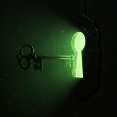 Glowing green keyhole, antique skeleton key, dark mysterious background, eerie light, surreal atmosphere, symbolic imagery, secret passage concept, intrigue and curiosity, shadowy environment, dream-l