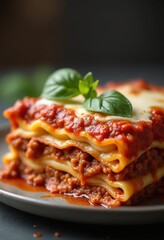 Fototapeta premium A rustic lasagna with layers of pasta, hearty Bolognese sauce, béchamel, and melted mozzarella