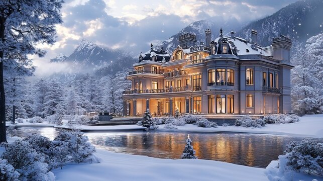 Luxurious mansion in the mountains, surrounded by snow, with large windows and elegant architecture 