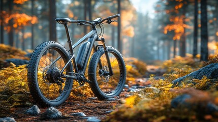 Mountain bike in a serene autumn forest setting.