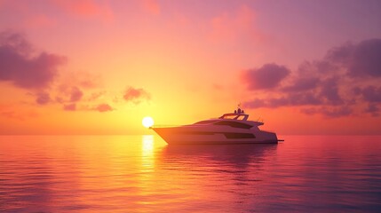 Naklejka premium Luxurious Golden Yacht Silhouette at Sea Sunset