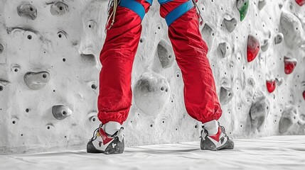 Close-up of a climber's legs and climbing shoes on a bouldering wall. Ideal for websites or articles related to rock climbing, bouldering, or climbing gear.