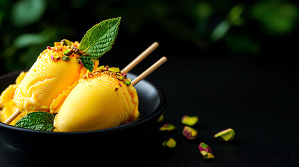 f0b Indian kulfi ice cream on sticks with pistachio and saffron garnish