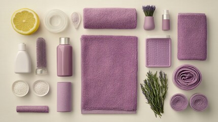 Fototapeta premium Spa Day Essentials Lavender Purple Towels and Beauty Products Flat Lay