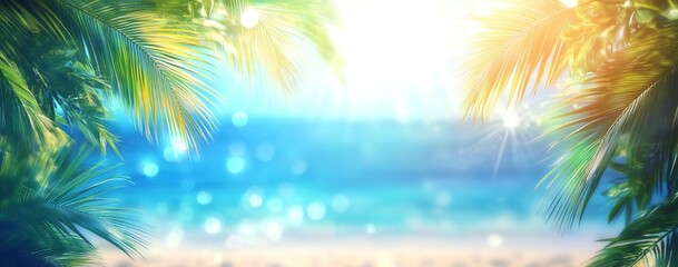 Beautiful summer background with palm trees, sandy beach, and blue sea. Vacation concept banner