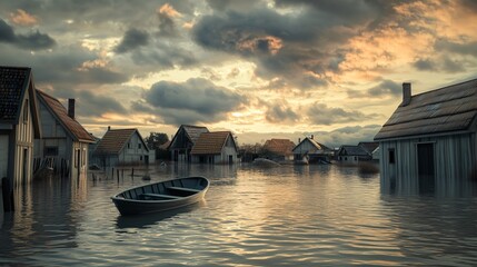  Village submerged by rising sea levels with boat navigating through flooded streets. Concept of climate change awarness. Generative AI