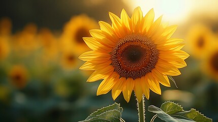 Fototapeta premium Golden Sunflower Basking in Sunset Glow Amidst Field