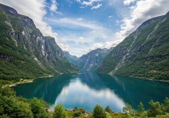 Majestic fjord landscape, towering green mountains, calm blue water reflections, dramatic sky with wispy clouds, serene Norwegian scenery, photorealistic, high-definition, panoramic view, summer in Sc
