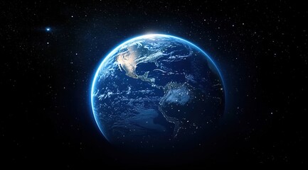 A blue Earth with glowing starlight in the space background