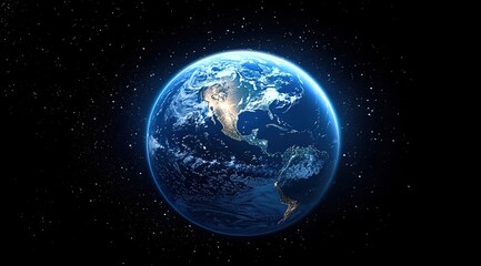 A blue Earth with glowing starlight in the space background