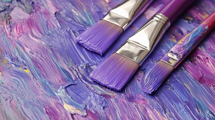 Vibrant Purple Acrylic Paint Brushes on Textured Canvas