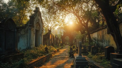 Obraz premium Sunlit path through ancient cemetery