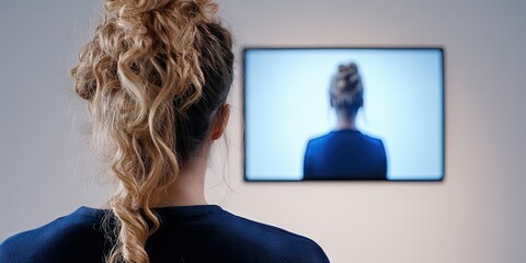 Fototapeta premium young female student taking online class with video call, teacher on monitor, 