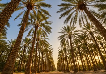 Obraz premium Palm tree grove, golden sunset light, towering date palms, symmetrical rows, looking upward, frond canopy, desert oasis, dramatic perspective, wide-angle lens, sun rays filtering through trees, lush t