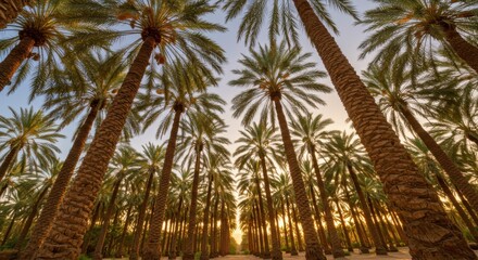 Fototapeta premium Palm tree grove, golden sunset light, towering date palms, symmetrical rows, looking upward, frond canopy, desert oasis, dramatic perspective, wide-angle lens, sun rays filtering through trees, lush t